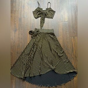 Josa Tulum Skirt and Crop Top Matching Set Gold and Black Polka Dot Metallic